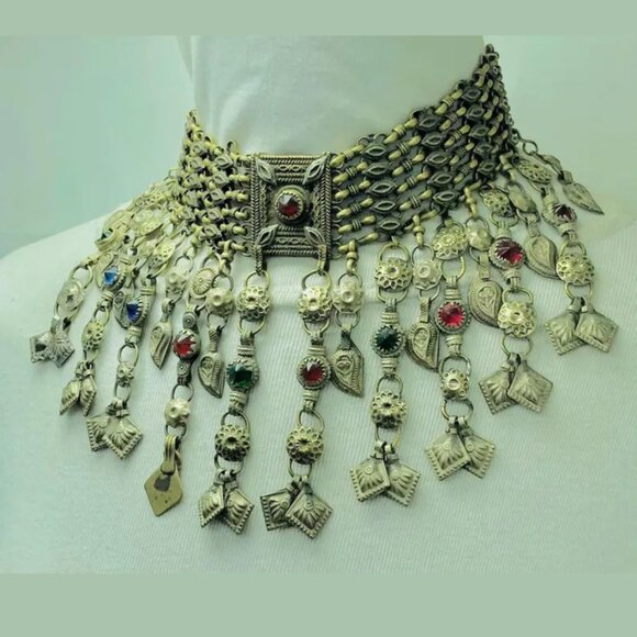 Tribal Kuchi Necklace, Dangling Tassels Vintage Choker Necklace, Boho Statement - Picture 1 of 10